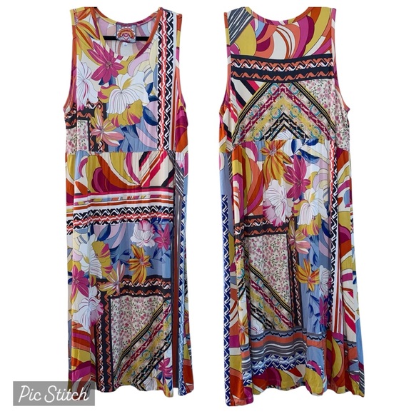 Johnny Was Rachel May Easy Fit Tank Dress XL Mixed Print Patchwork Midi Length - Picture 2 of 16